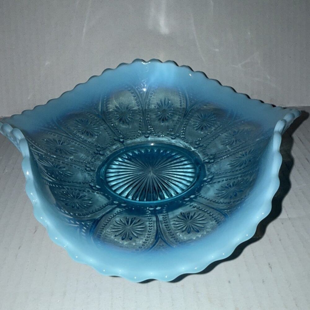 Antique Northwood Blue Opalescent Spokes & Wheels Trifold Footed Carnival Glass